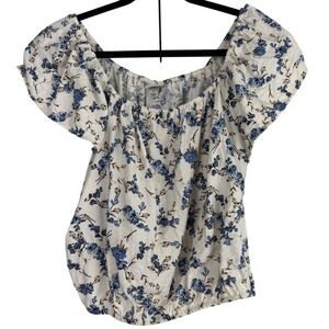 A New Day Womens Blue Floral Off Shoulder Puff Sleeve Blouse White Medium